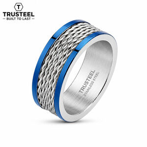Men’s Multi Wire Inlay 316L Stainless Steel Band Ring Blue Band 8mm size 10